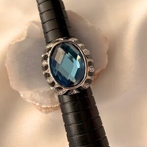 Blue Crystal Black Enamel Zebra stripe CZ Cocktail Dome Ring Size 6